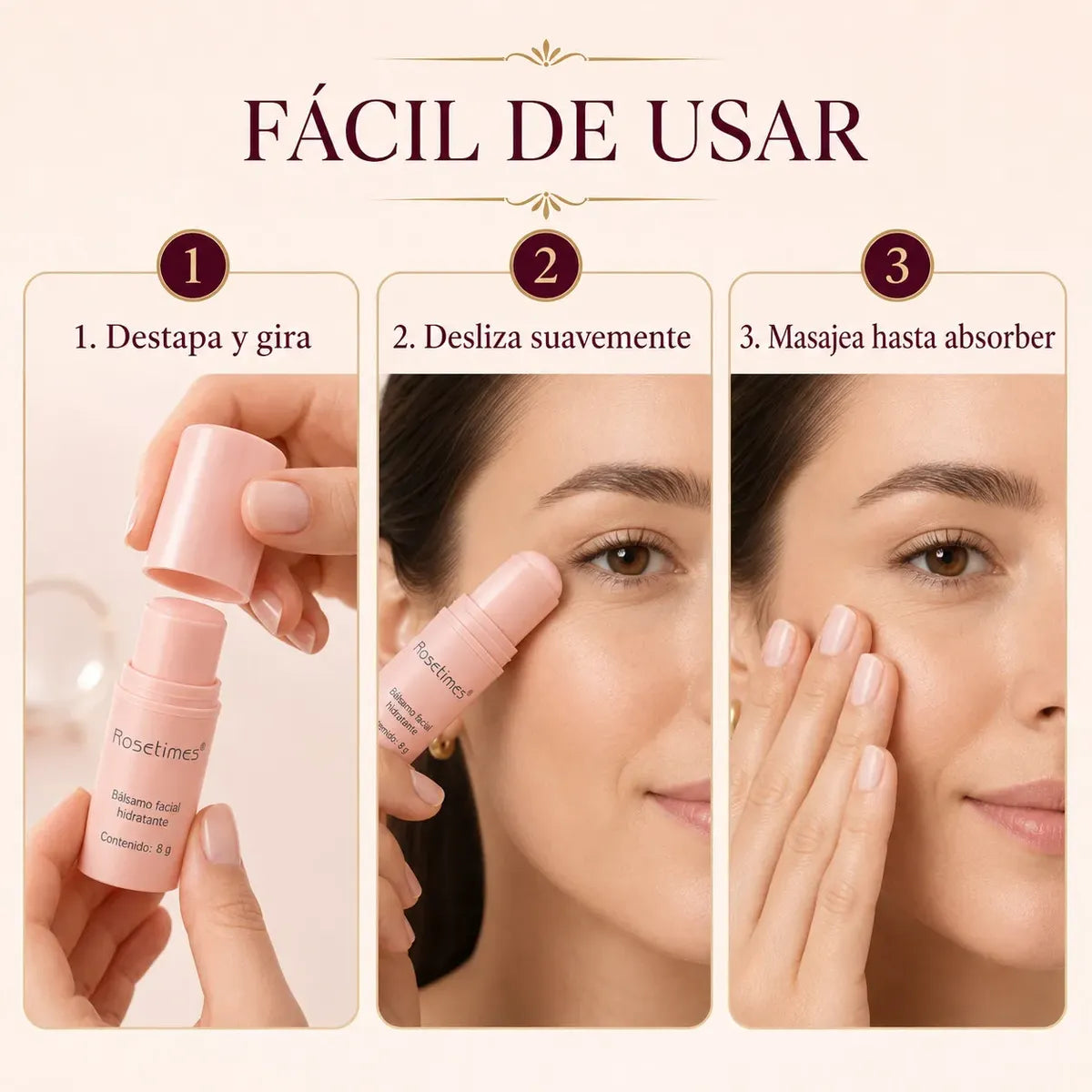 Fácil de usar: destapa y gira, desliza suavemente y masajea hasta absorber